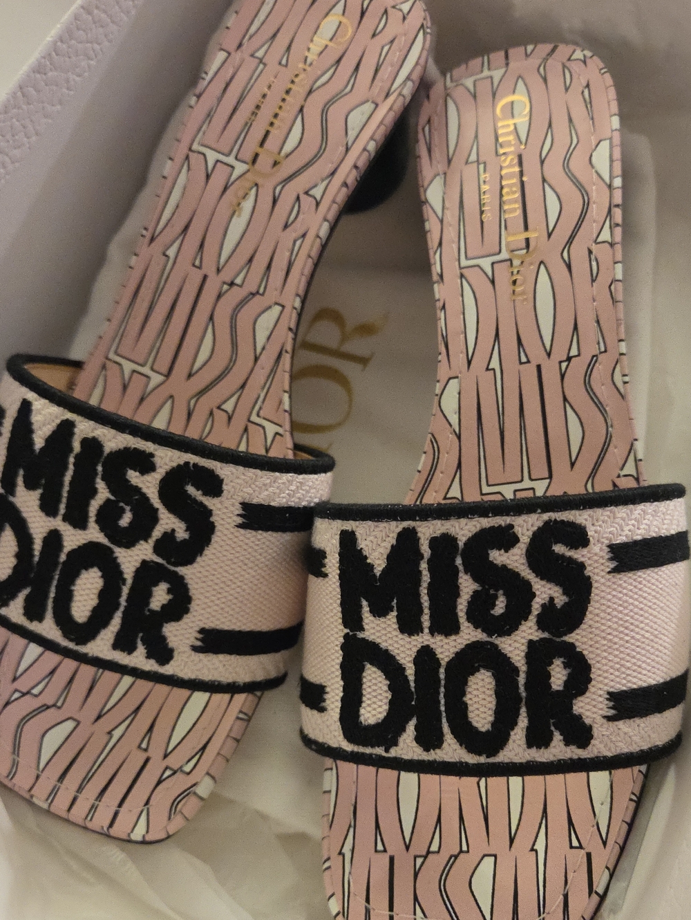 Dior Pink & Black Miss Dior Embroidered Slide Sandals